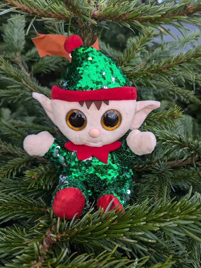 A sparkly elf toy sitting in a premium Nordmann fir