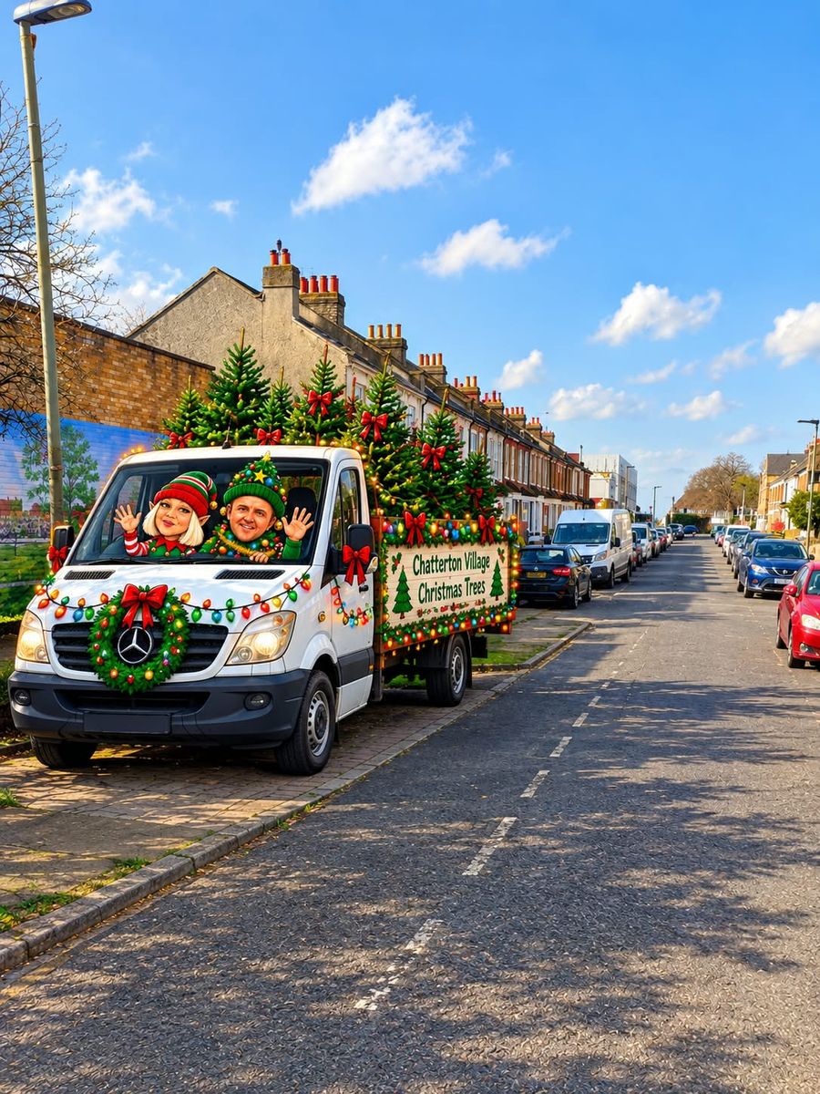 An illustration of our Christmas tree van on the street by our loading bay next to the Co-op in Bromley