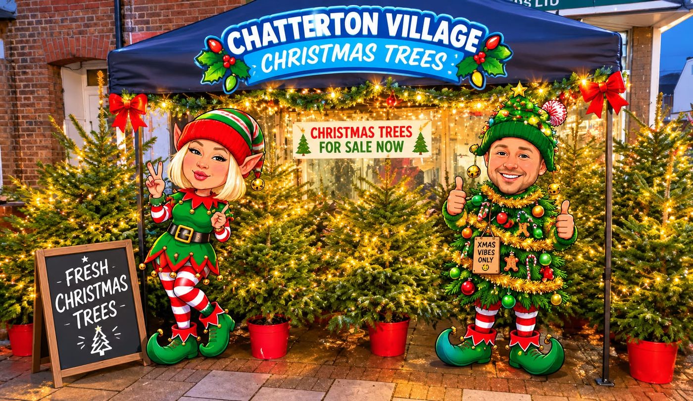 Chatterton Village Christmas Trees stall in Bromley with premium Christmas trees, fairy lights and our smiling elf and Christmas tree characters